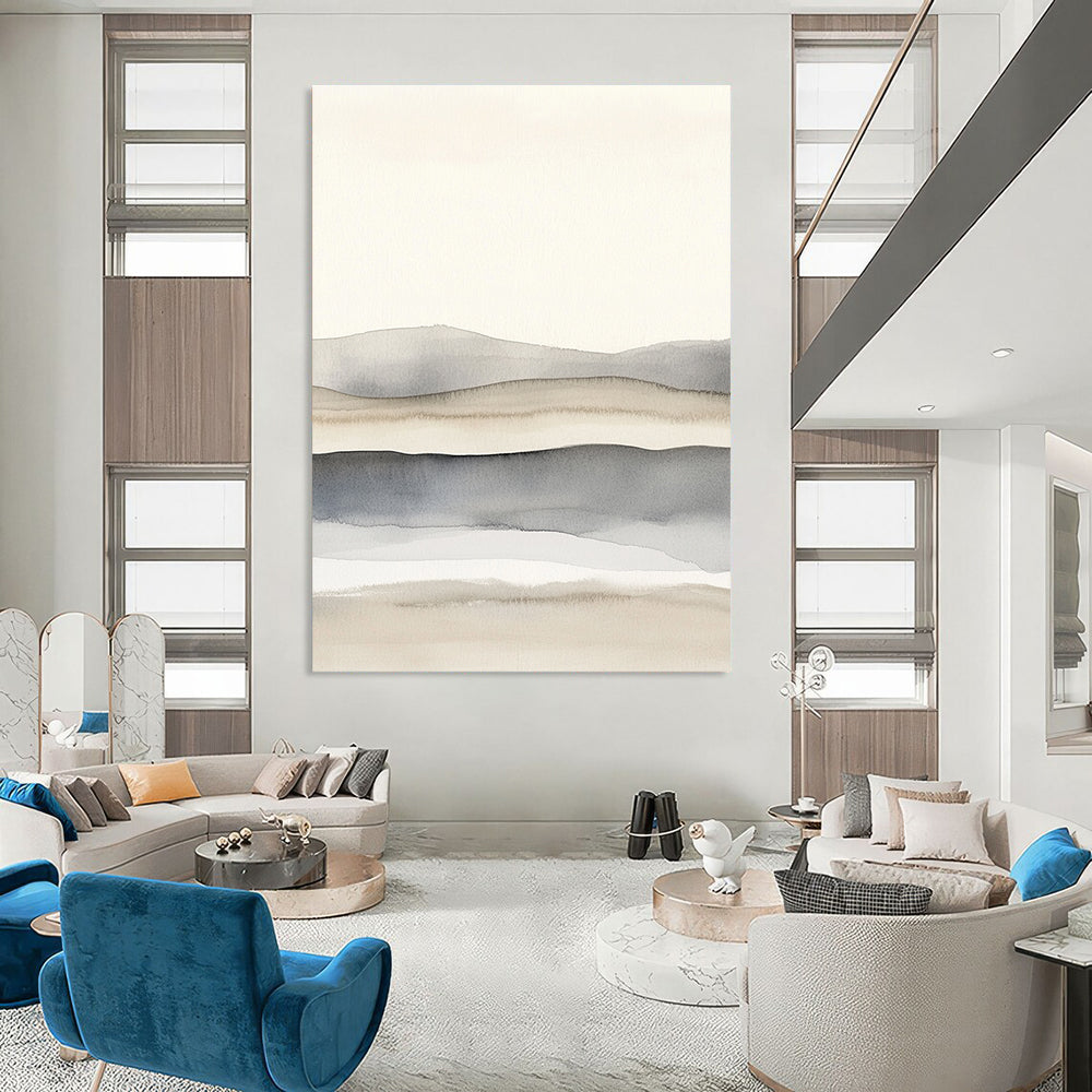 Large abstract painting featuring light gray and white watercolor shapes with soft blurred lines creating a serene landscape of dunes.STSC1464