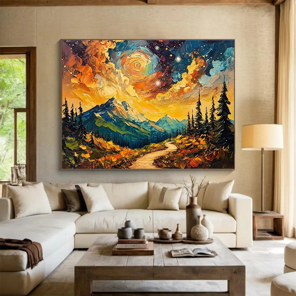 Vibrant Mountain Path Abstract Painting with Starry Sky DYP155