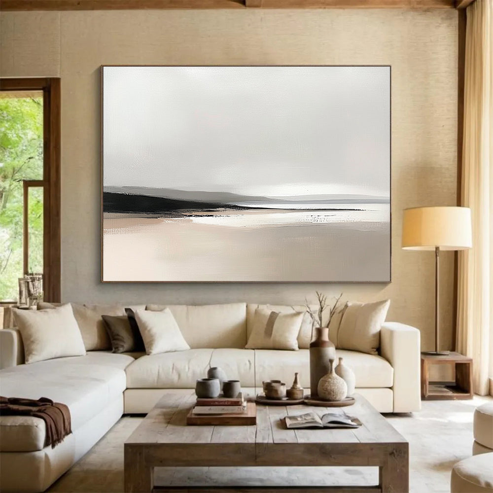 Large abstract oil painting featuring Scottish landscapes in soft greys and beiges with visible brush strokes highlighting a beach horizon.SC092