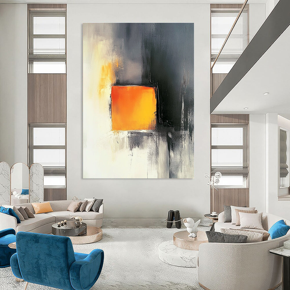 Abstract painting featuring a light orange square amid dark gray and white backgrounds with elegant yellow tones and strong black and red contrasts.STSC1208