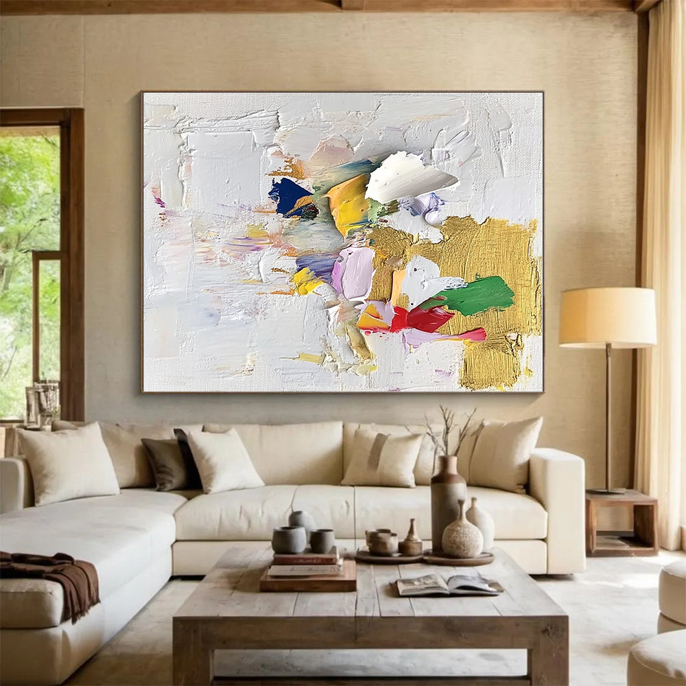 Vibrant Textured Abstract Painting with Gold and Colorful Shapes GER621