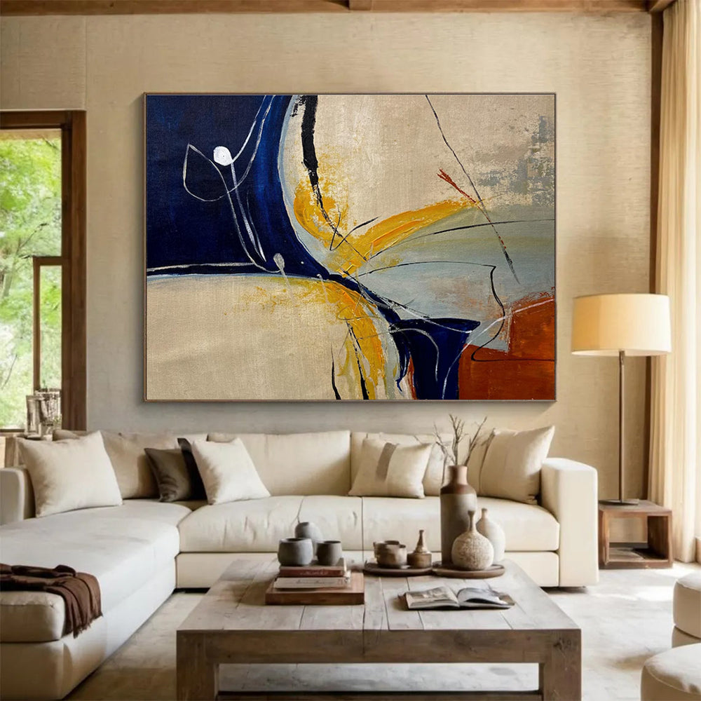 Blue Yellow Line Abstract Painting with Minimalist Shapes THY331