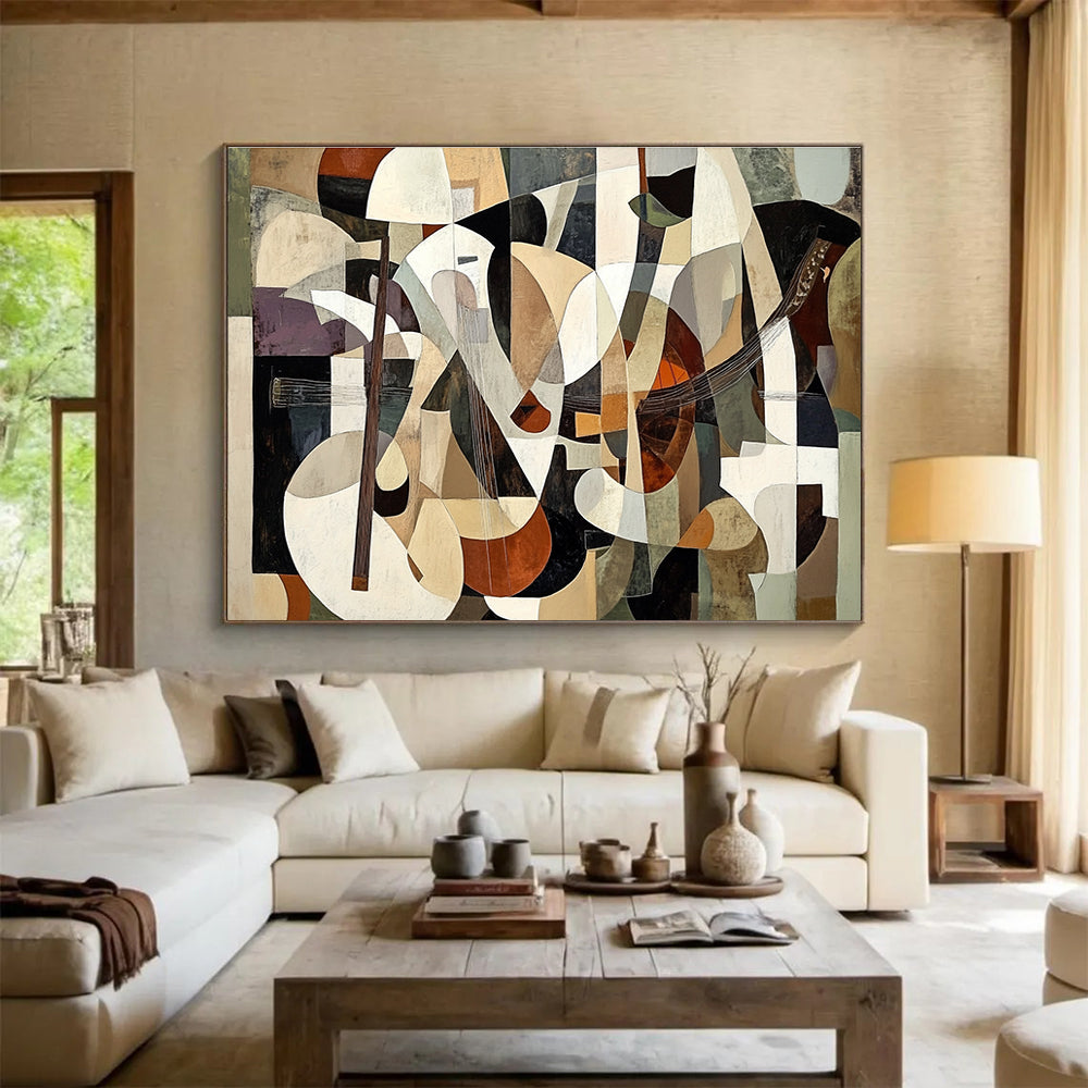 Large abstract painting featuring layered shapes in brown and beige with figures playing instruments in a cubist style, creating depth and illusion.SC395