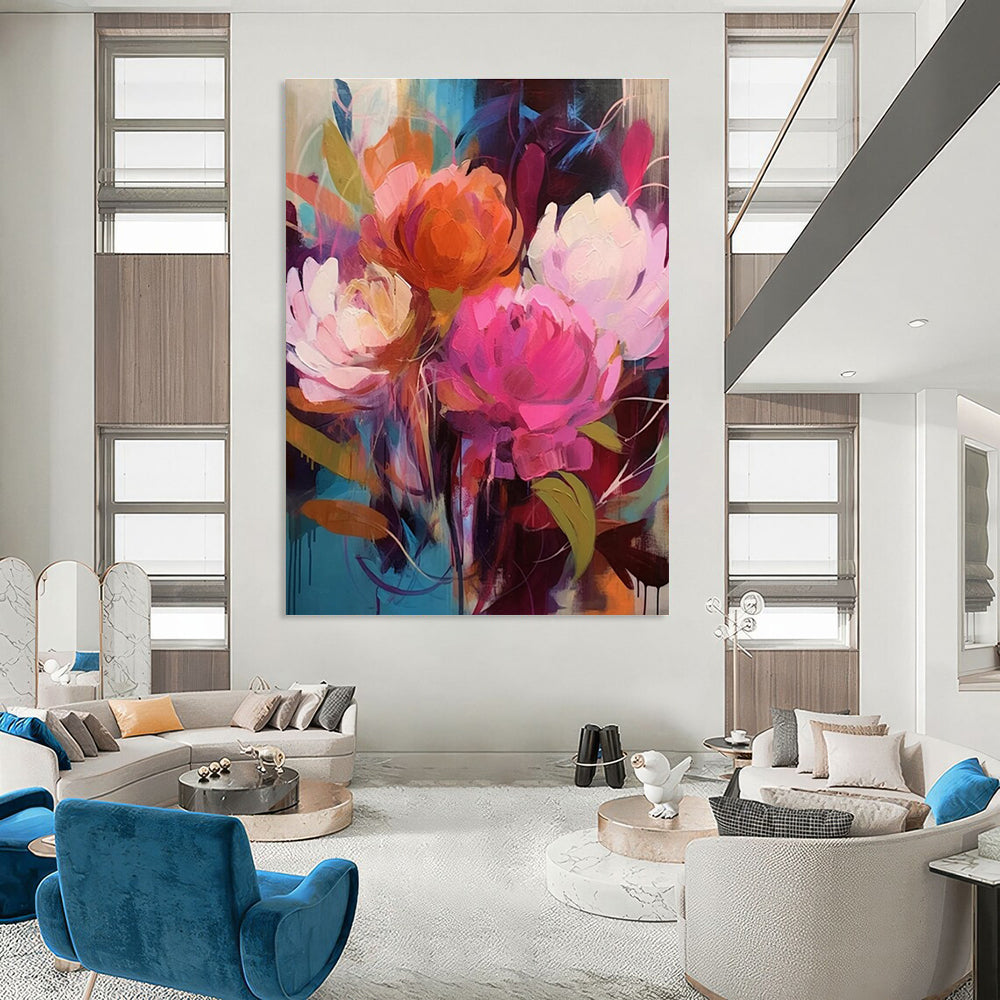 Vibrant Floral Abstract Painting with Bold Pink and Orange ADGE427
