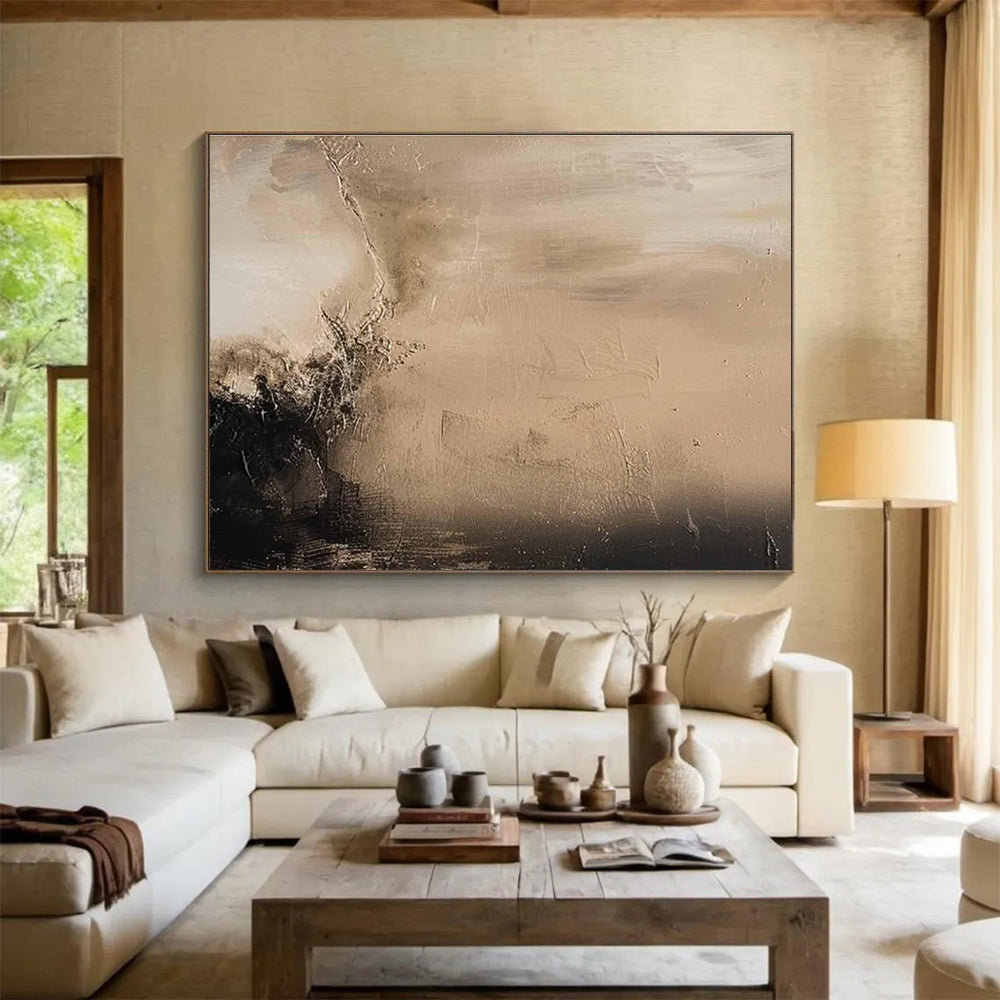 Beige Black Abstract Painting with Subtle, Contrasting Textures THY394