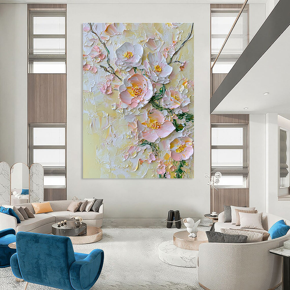 Abstract painting featuring delicate flowers in soft pinks whites and yellows against a pale yellow background with textured oil paint impasto technique.STSC004