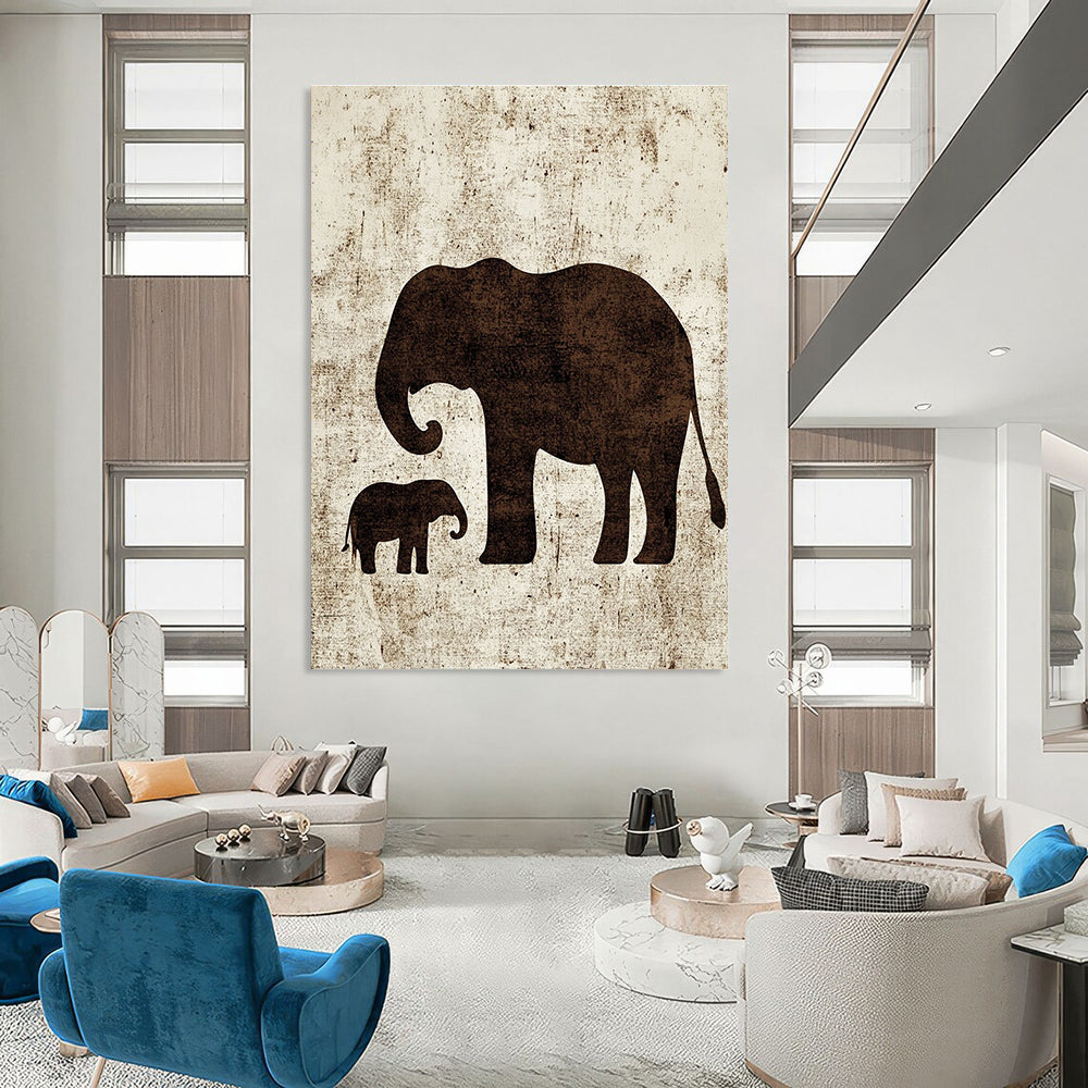 A large abstract artwork featuring minimalist silhouettes of an elephant and a baby elephant in textured brown ink on white paper.STSC1095