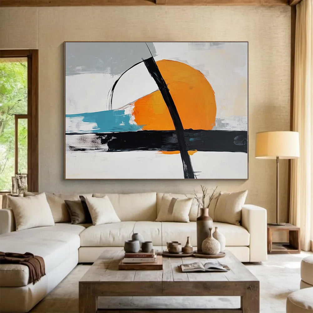 Orange Black and White Abstract Painting with Circular Motifs GER697