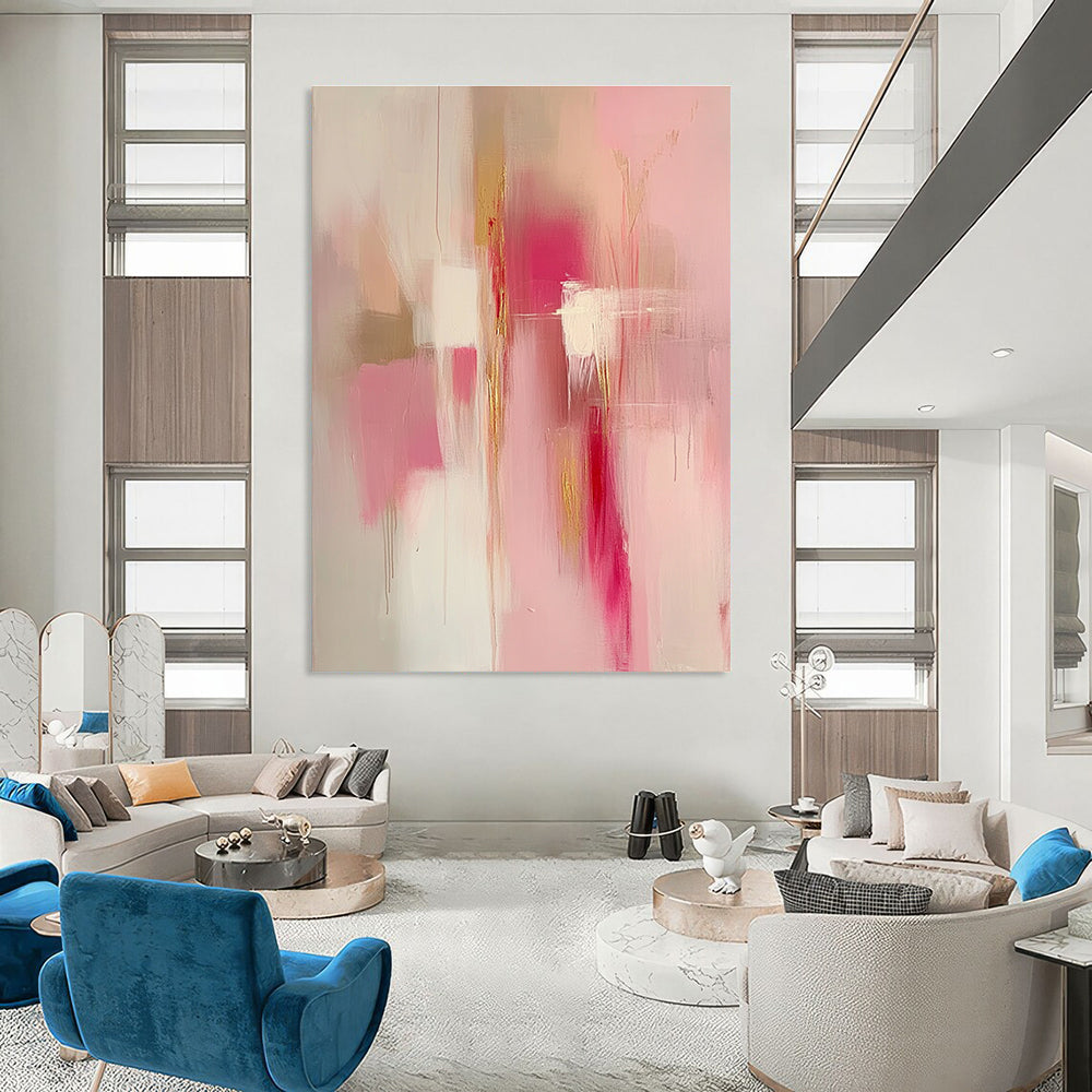 Large abstract painting in pink and gold tones featuring soft edges blurred details and emotional depth creating a serene romantic atmosphere.STSC784