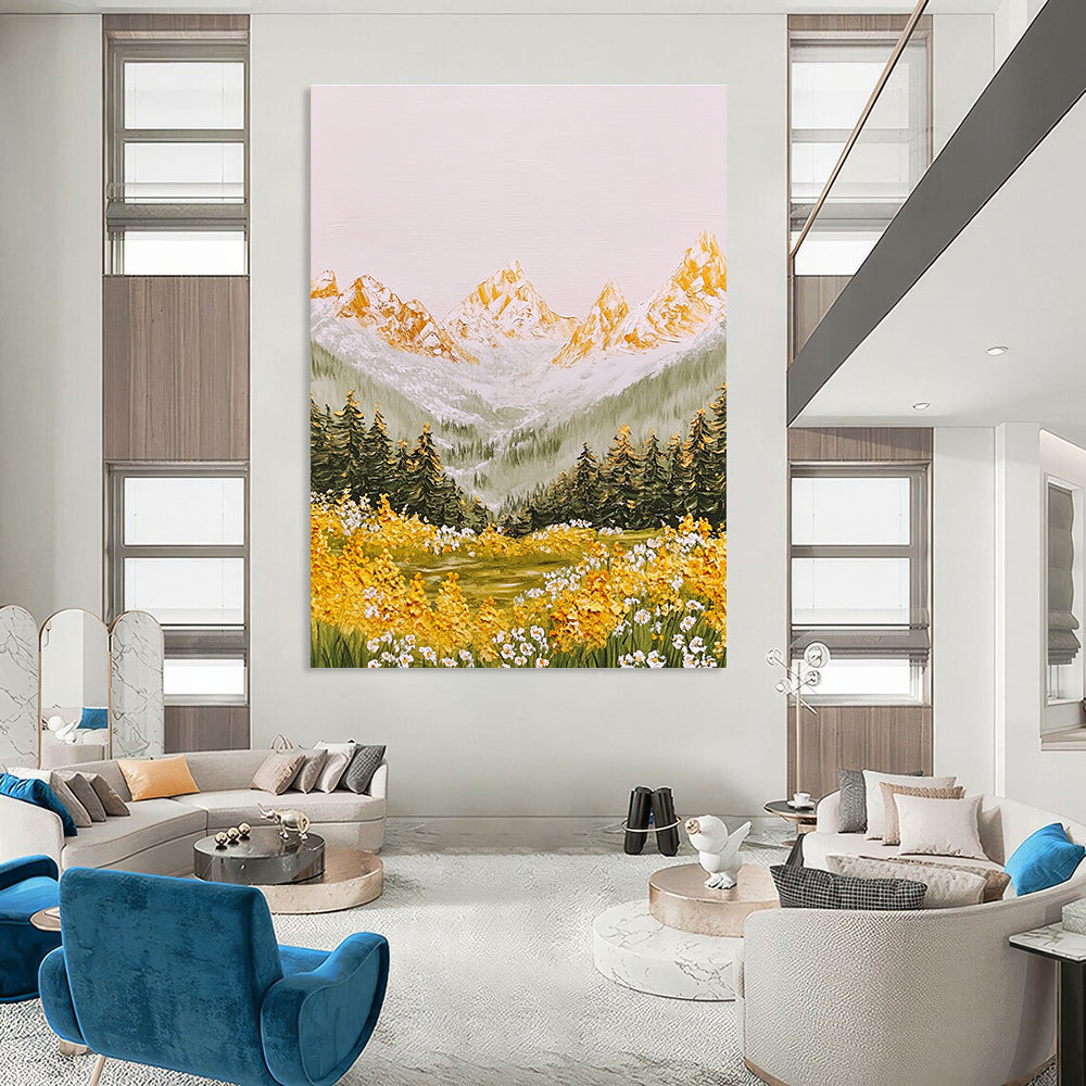 A large abstract painting of dreamy Alps with golden peaks green mountains flowers trees and bright sun in a light watercolor style.STSC1441
