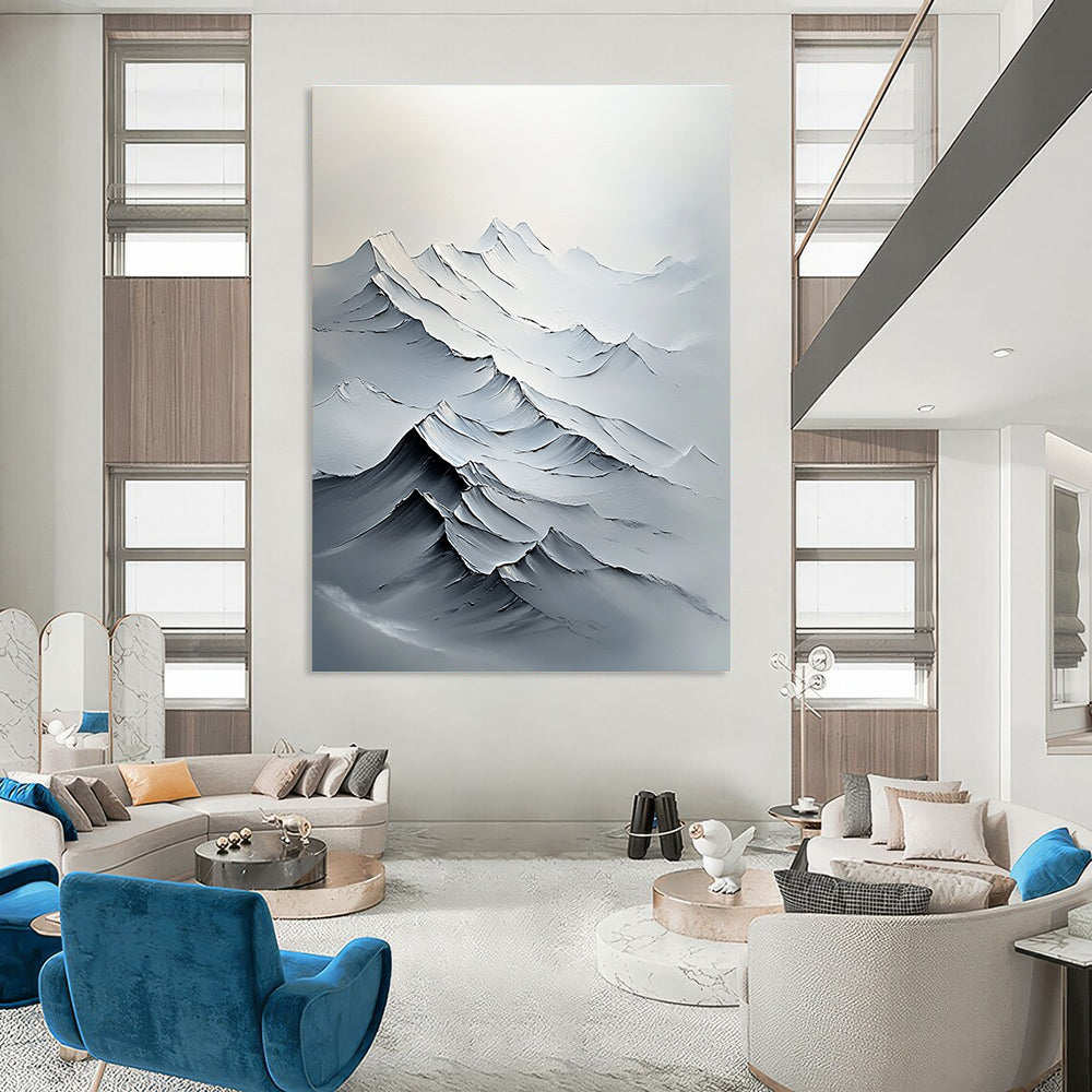 Large abstract painting featuring textured white mountains with bold brush strokes and delicate details in a minimalist composition.STSC1493