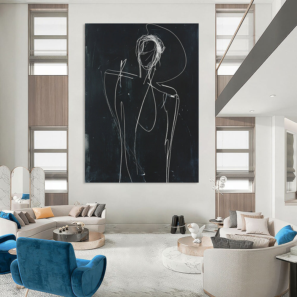 A large abstract sketch depicting a human figure in white chalk on black paper with raised arm and minimalist facial opening.STSC977