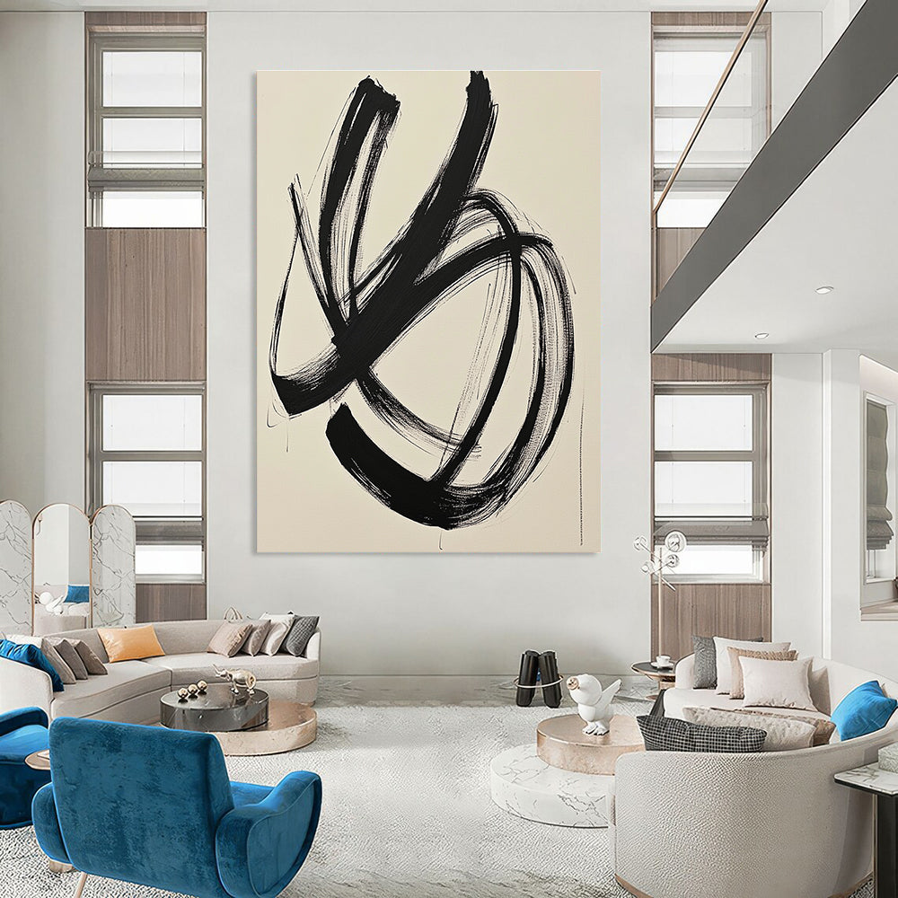 Large abstract drawing of black lines on white paper depicting an ink cloud style with a black square enhancing the minimalist energy.STSC549