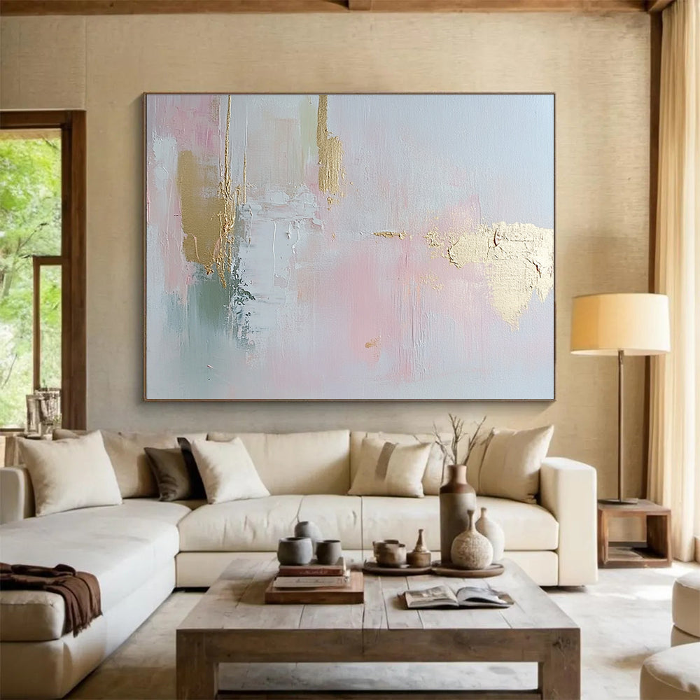 Abstract painting in soft pastel pink and pale gold with delicate brush strokes and textured elegance, enhancing a serene romantic atmosphere.SC386