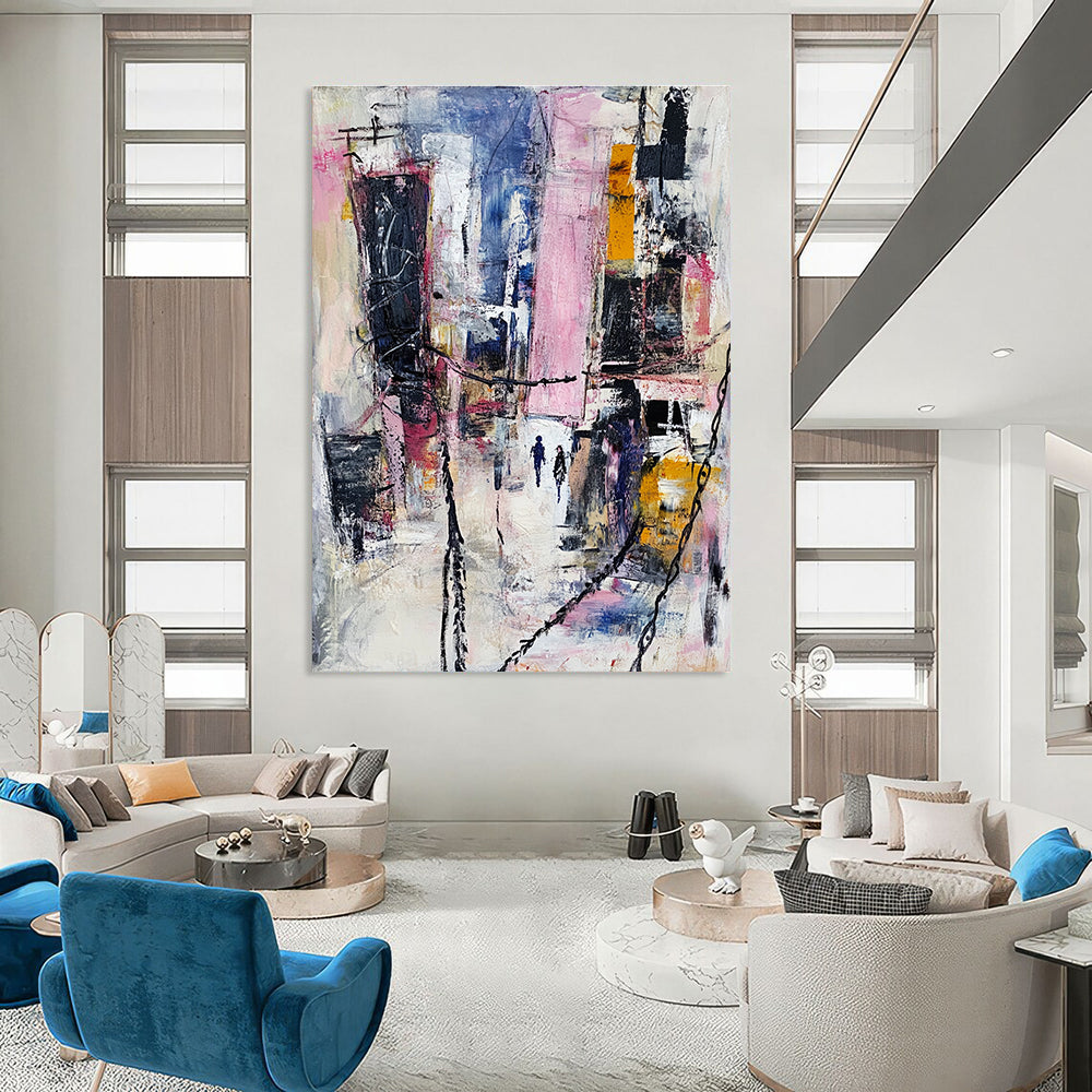 Large abstract painting featuring an urban landscape with mixed media elements in pastel colors and dynamic textures of fabric and metal.STSC666