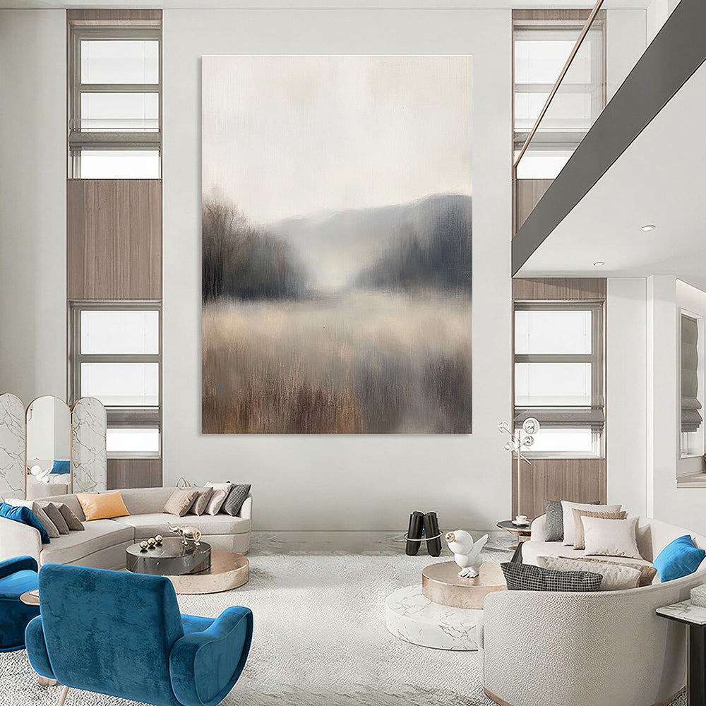 Large abstract painting of a misty landscape with muted neutral colors and soft focus that enhances a minimalist aesthetic.STSC869