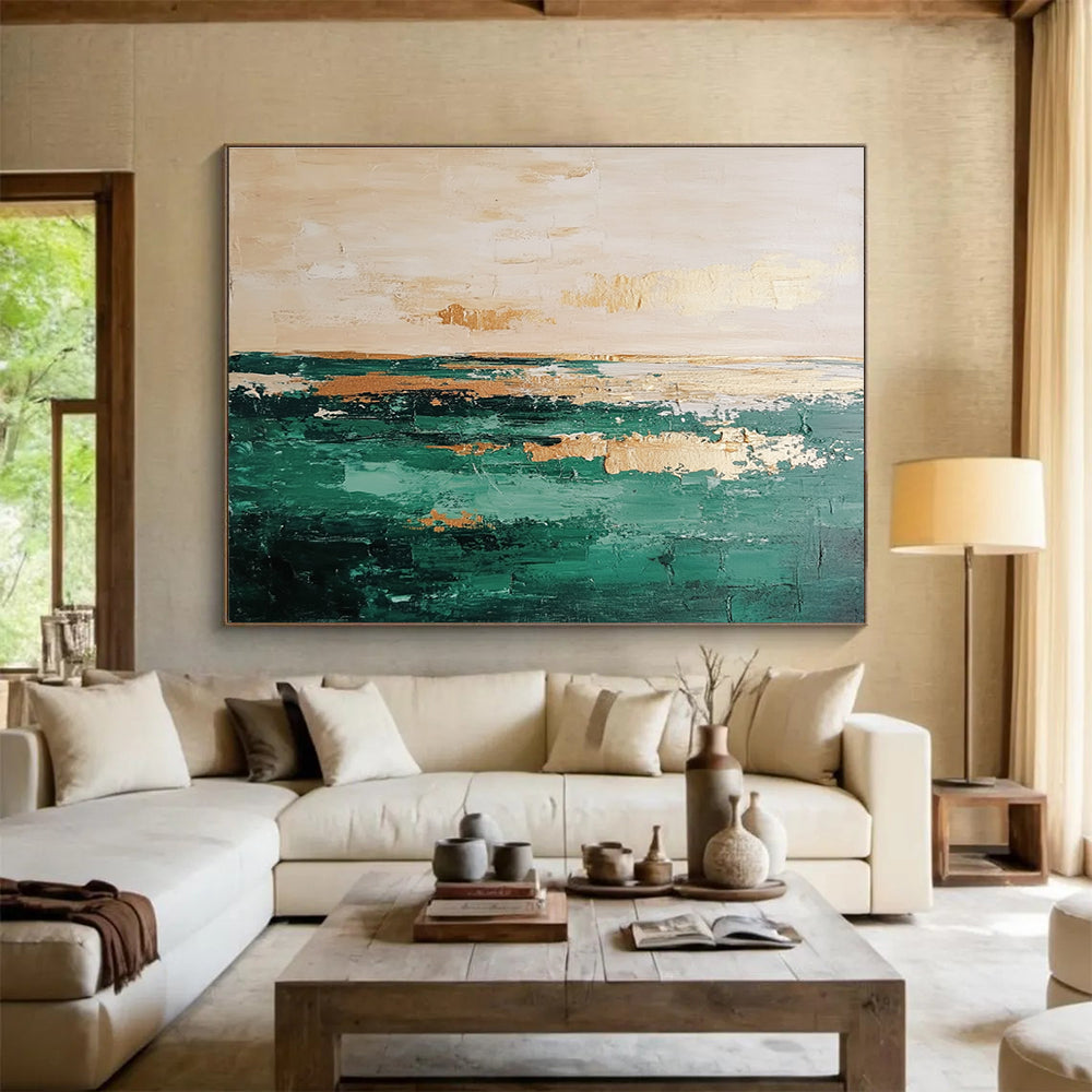 Large abstract oil painting of a serene green and beige sea with a clear horizon line perfect for modern decor.SC112