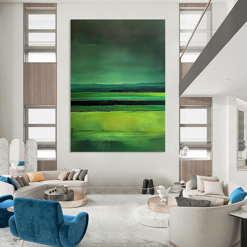 Large abstract painting featuring green fields dark sky and lake in a minimalist style with fluid lines inspired by Mark Rothko.STSC309