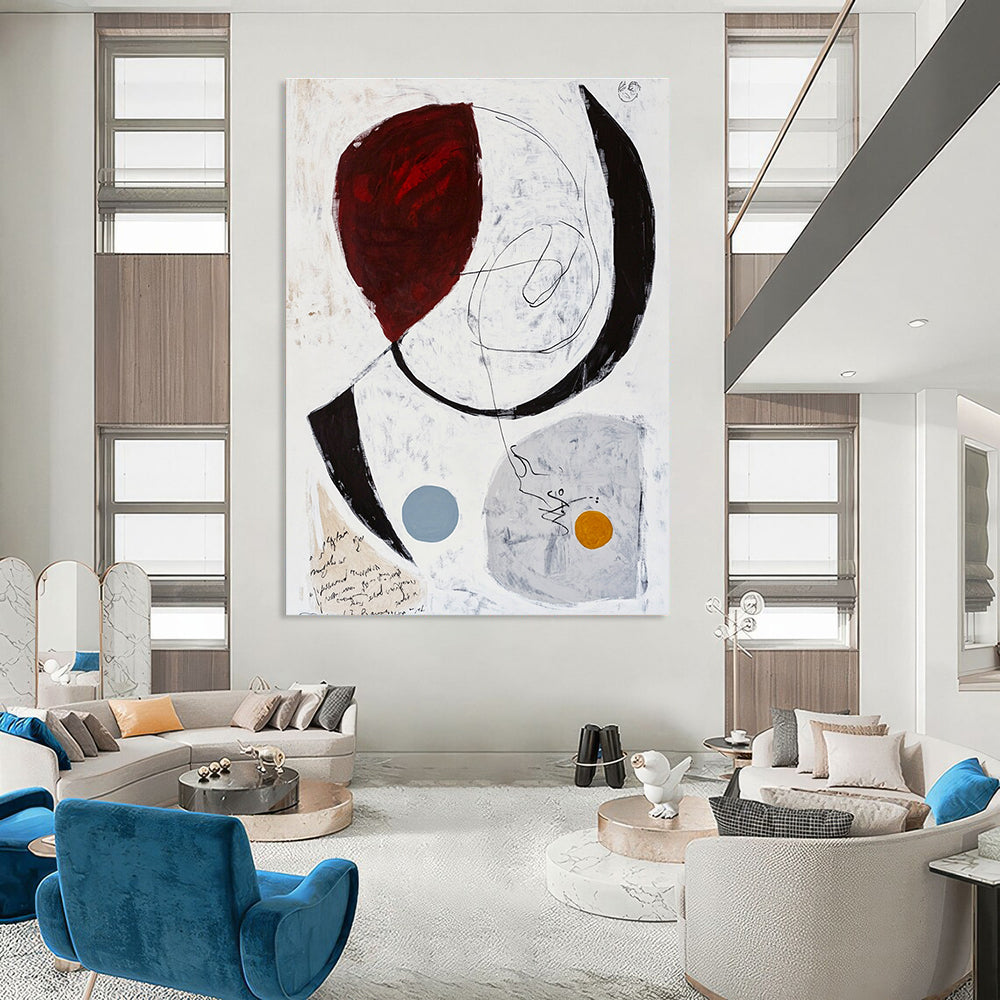 Large abstract painting featuring white grey and red tones with black lines and brown ink scribbles on paper.STSC829