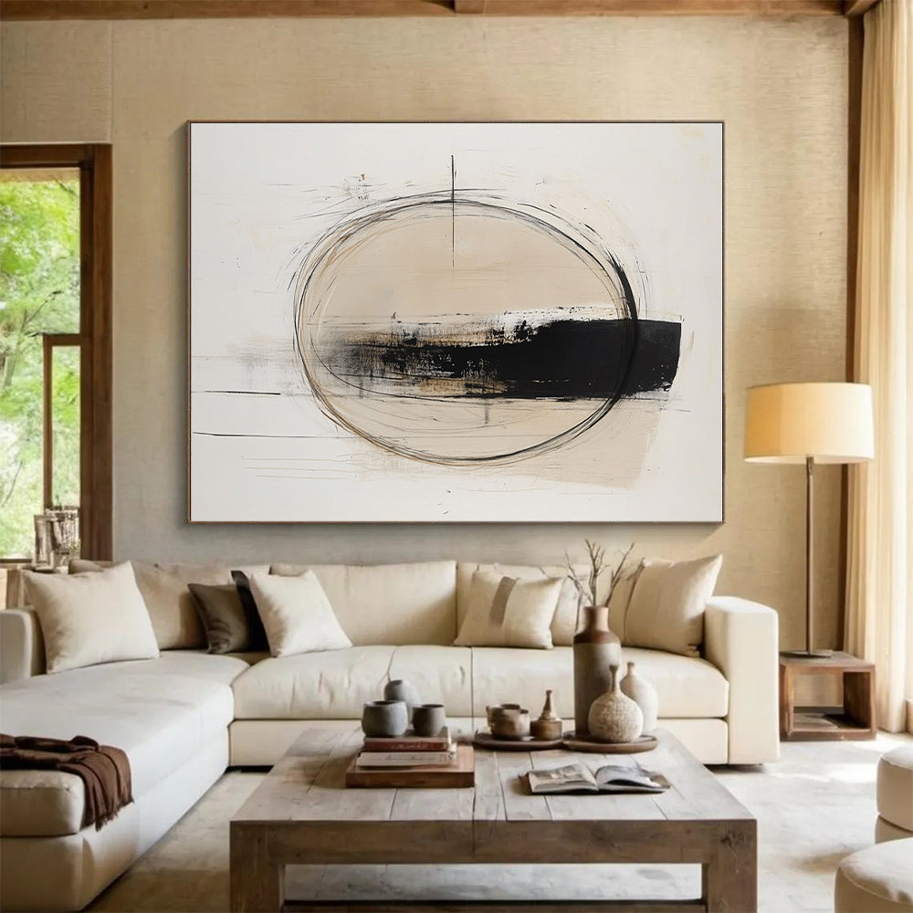 Beige Black Abstract Painting with Minimalist Circles GER784
