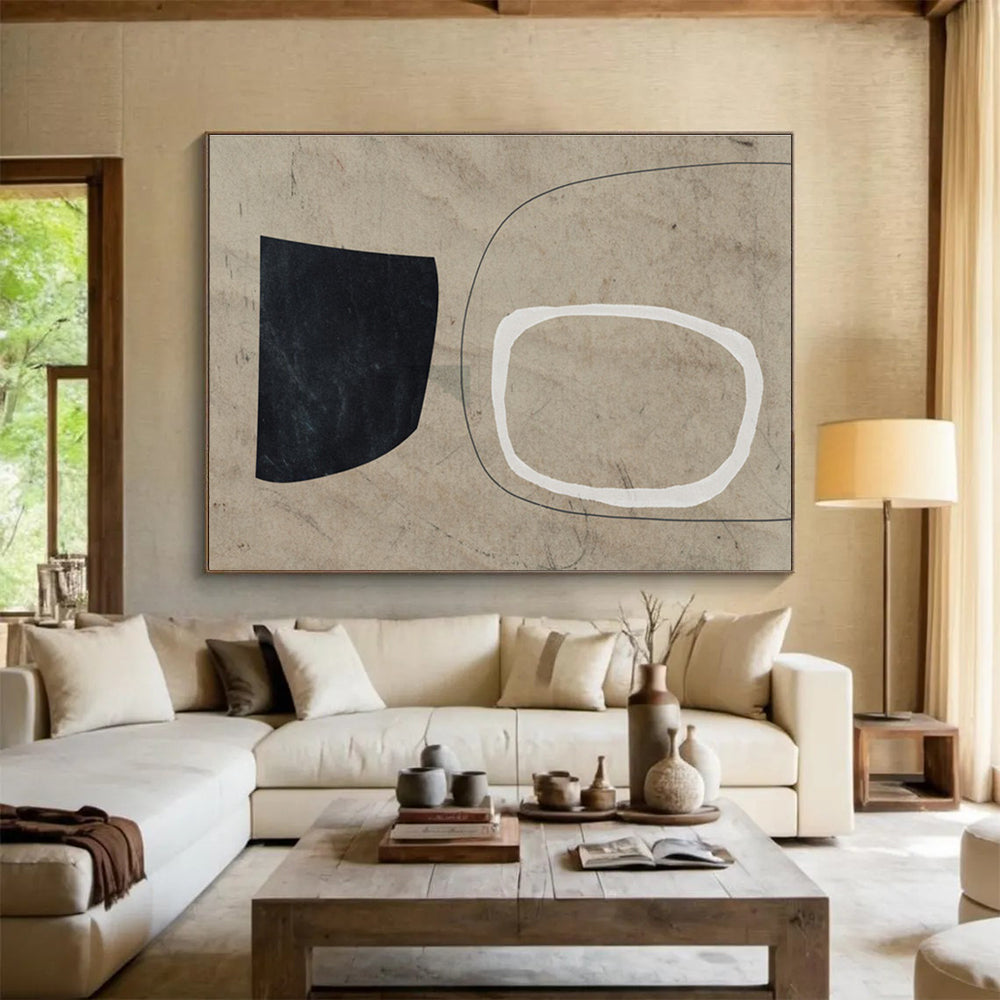 Neutral Toned Abstract Painting with Black White and Beige THY113