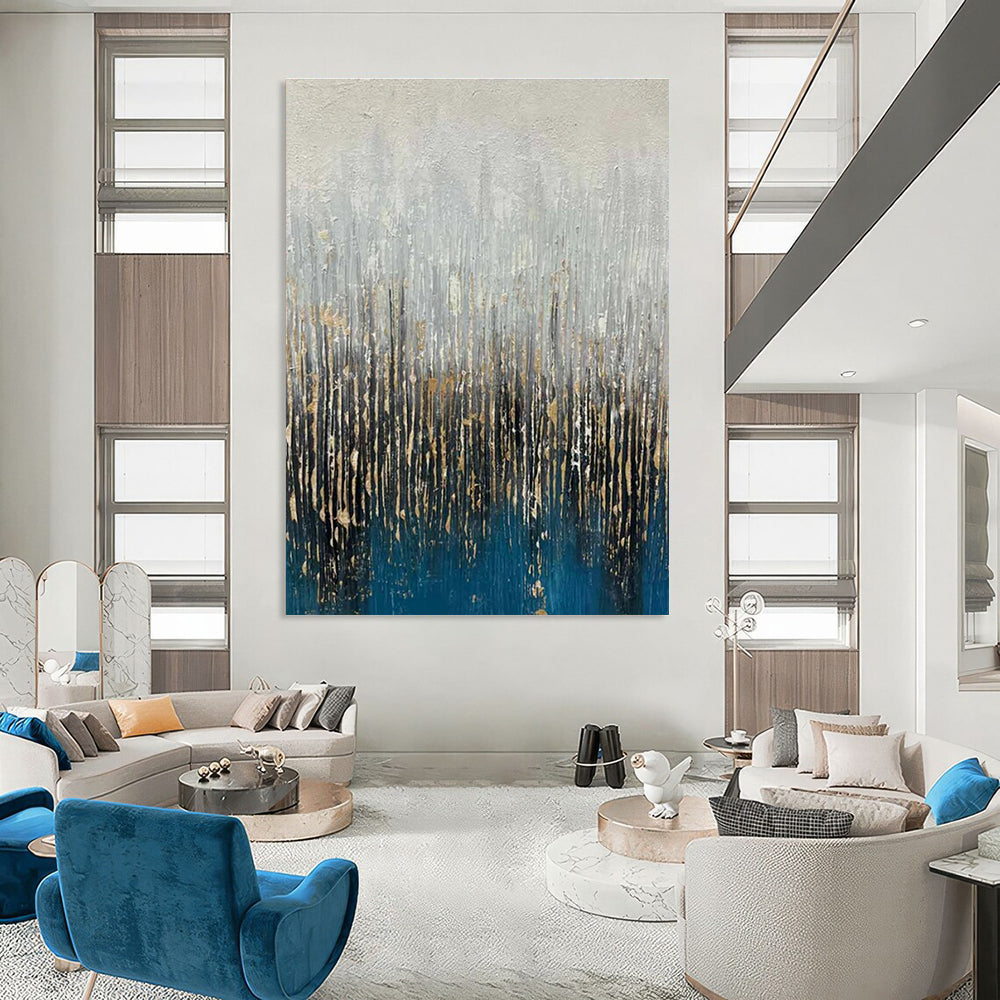 Blue, Gray, and Gold Textured Abstract Painting with Vertical Elements ADGE406