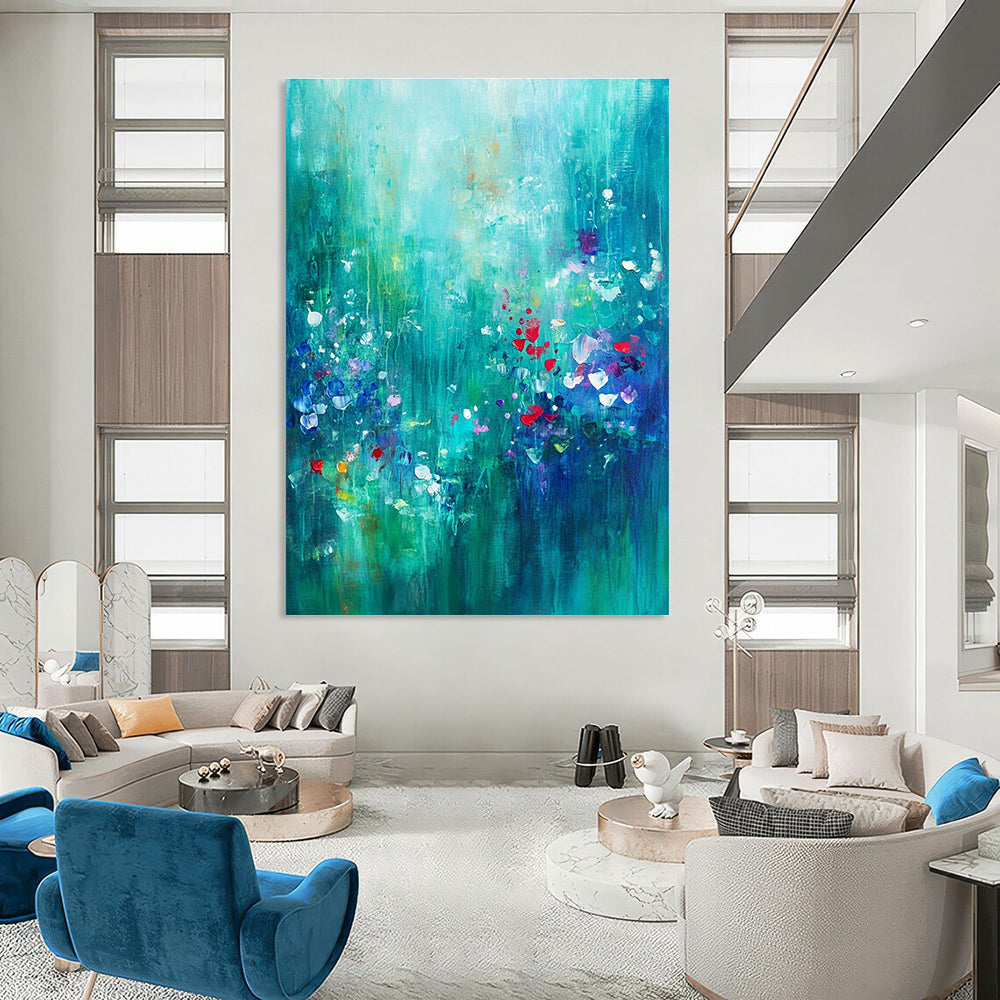 Large abstract painting of an underwater garden in teal and emerald with hints of red and purple evoking serenity and creativity.STSC1021