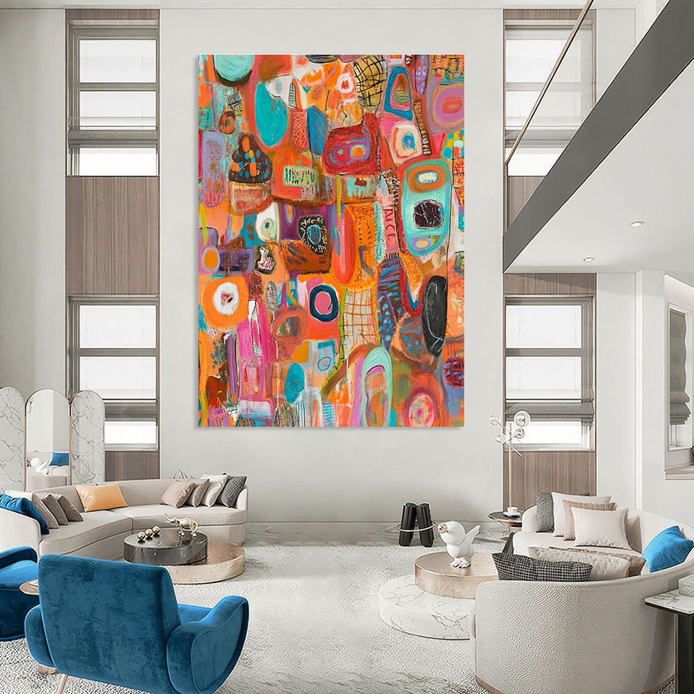 A large abstract painting bursting with vibrant colors and intricate layers, featuring diverse shapes, symbols, and musical notes in a chaotic yet harmonious composition.STSC1221