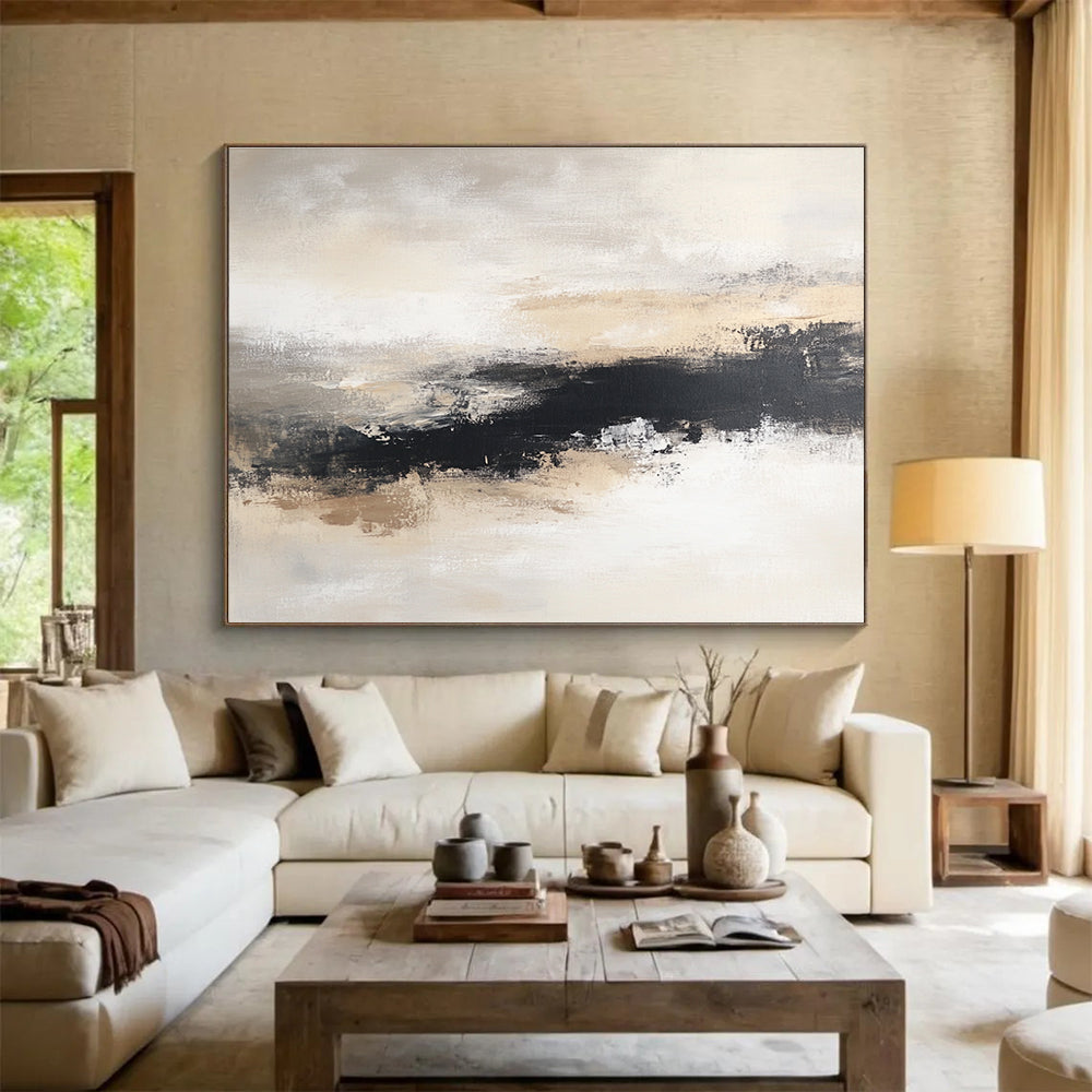 Beige and Black Abstract Painting with Landscape Motifs DYP405