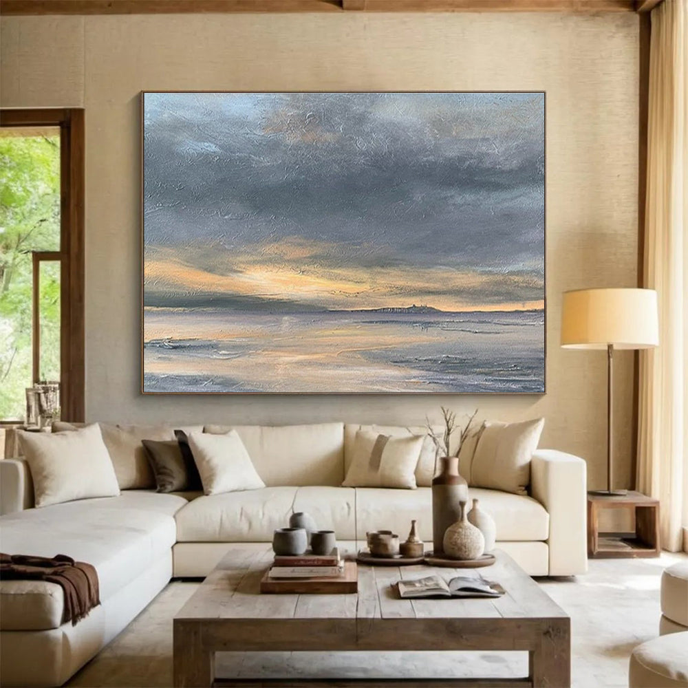 Grey Orange Sunset Sea Sky Abstract Painting THY022