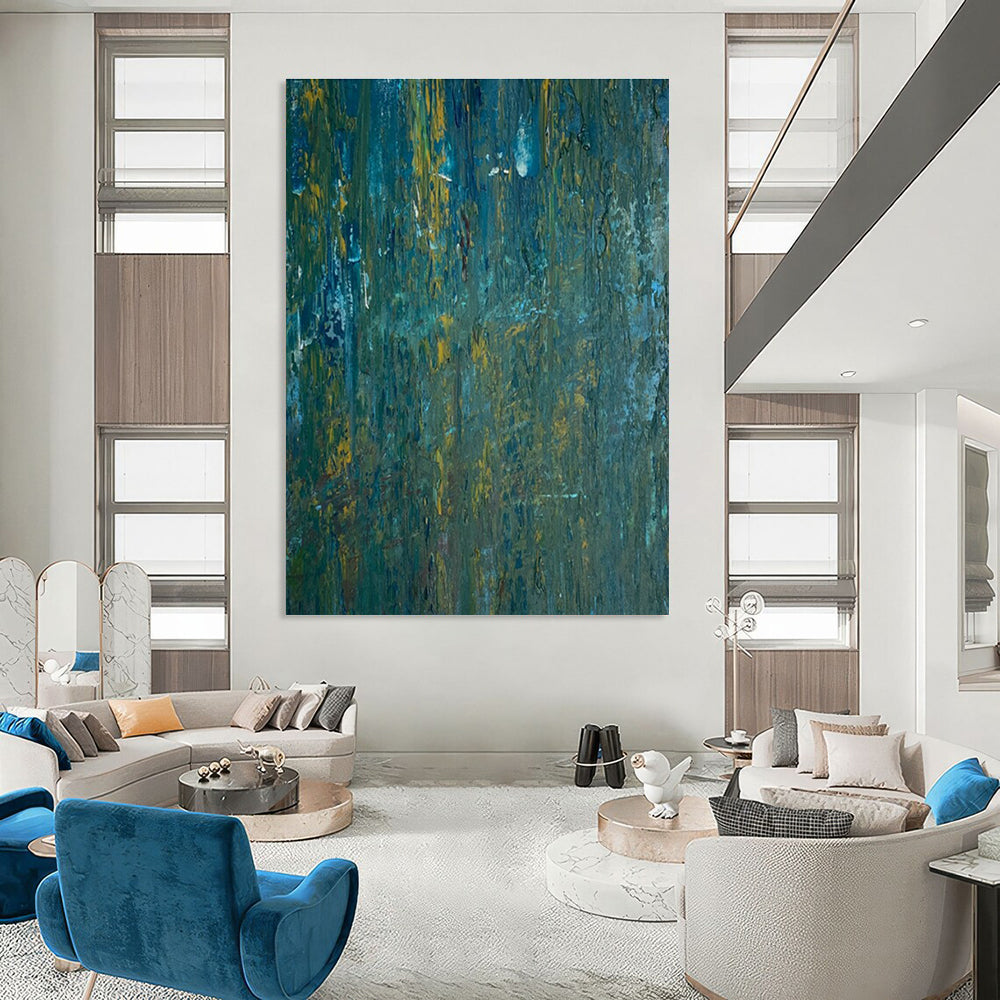 Teal - Yellow Textured Abstract Painting with Vertical Brushstrokes ADGE461