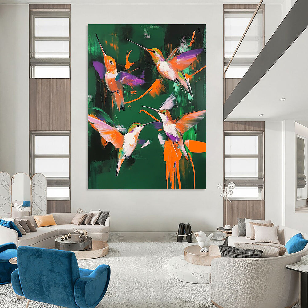 Large abstract painting featuring hummingbirds in vibrant colors with dark green background and bold brush strokes, inspired by Dorothea Tanning's surrealistic style.STSC1014