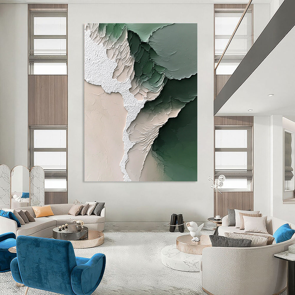 Large Abstract Painting Featuring a White Beach and Green Water with Impressionistic Brushstrokes and Dreamy Colors Capturing Nature's Beauty.STSC1246