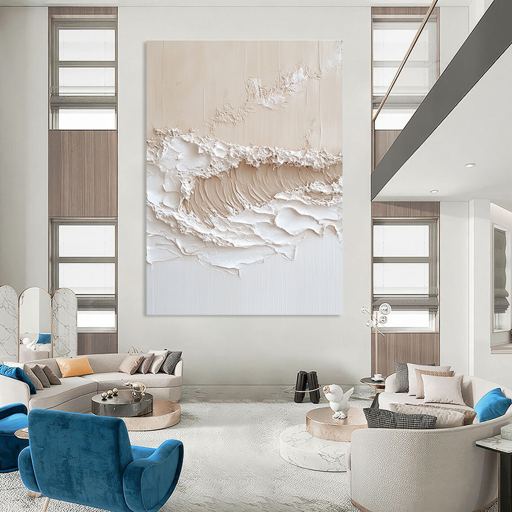Large abstract painting of textured waves in neutral tones with thick impasto technique for a captivating wall art statement.STSC1212