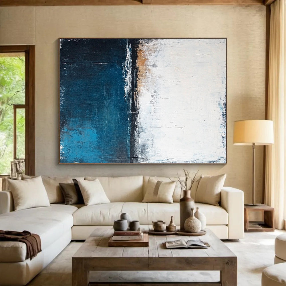 White Blue and Brown Abstract Painting with Minimalist Serenity GER399