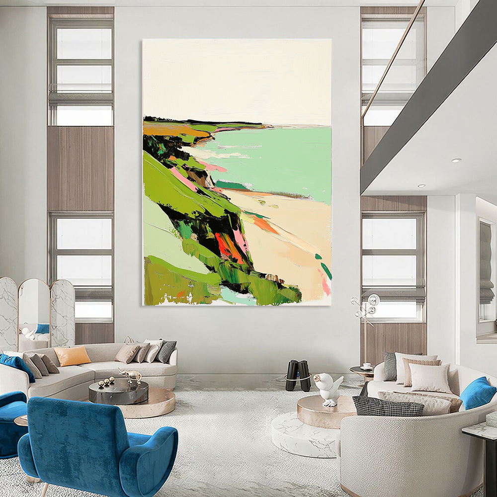Abstract painting featuring green coastal landscape in muted tones with pink highlights textured with thick brush strokes on a white background.STSC1299