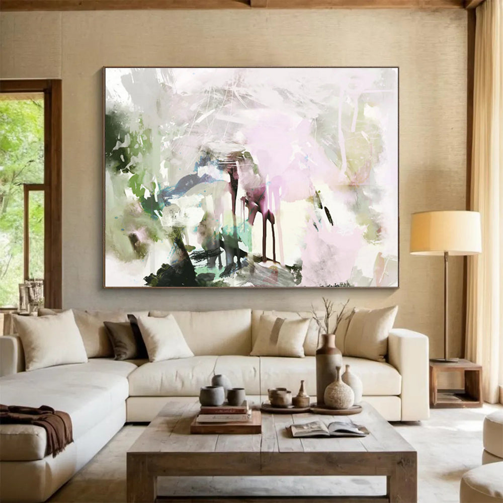Pastel Toned Abstract Painting with Green and Pink Hues THY111