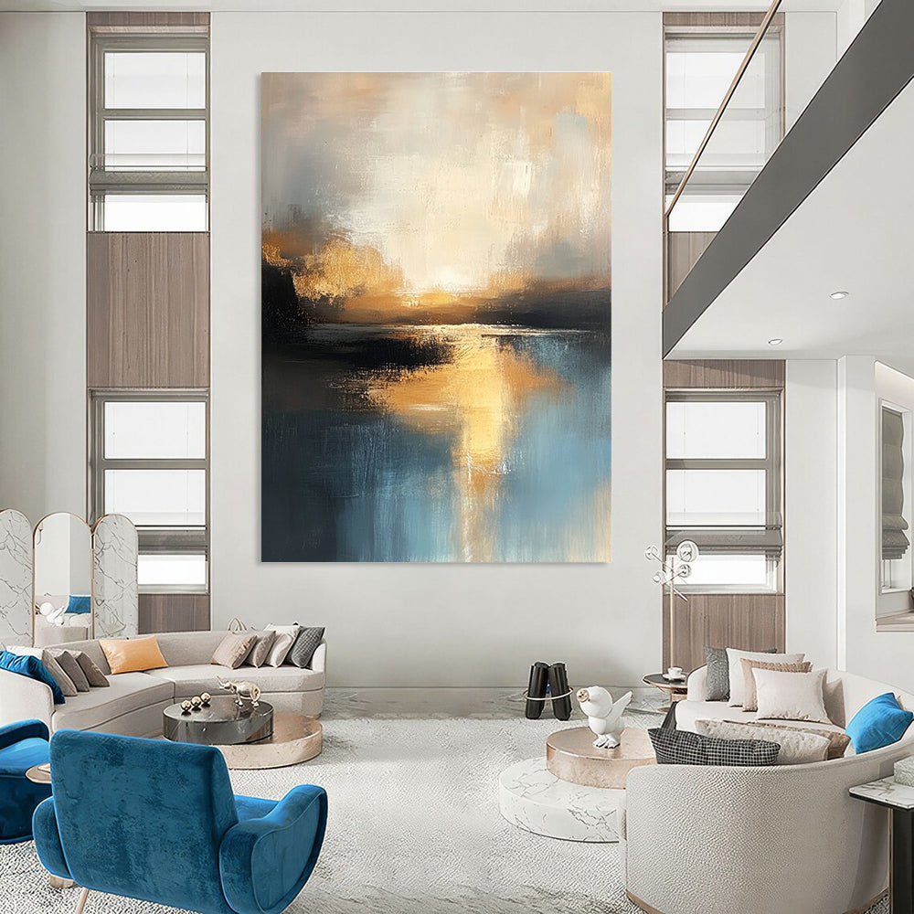 Large abstract oil painting of the sea in muted light blue and dark beige hues capturing the golden hour with textured brushstrokes and reflective water.STSC198