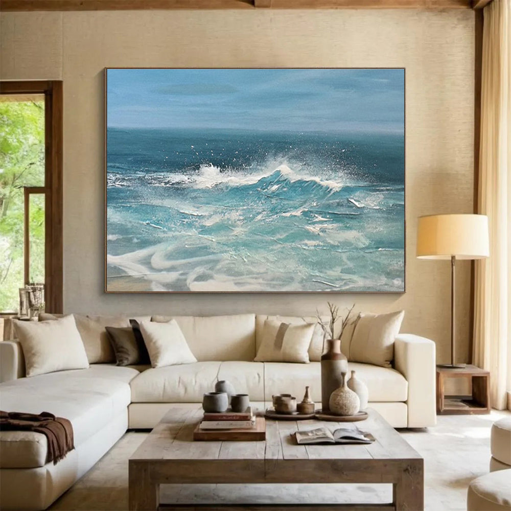 Blue White Crashing Waves Sea Abstract Painting THY024