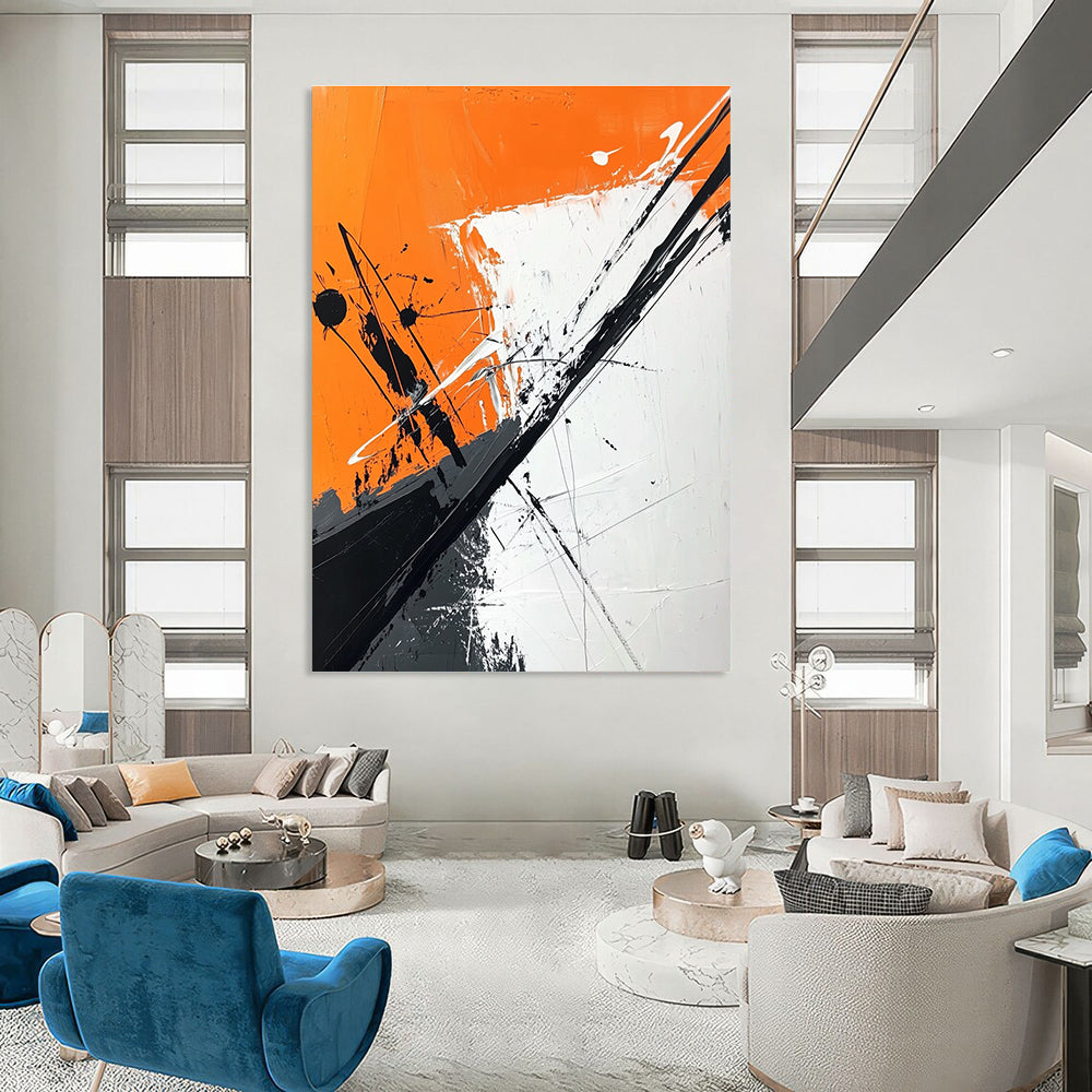 Large abstract painting features orange and white background with black brush strokes and dark gray diagonal line adding depth and artistic flair.STSC1118