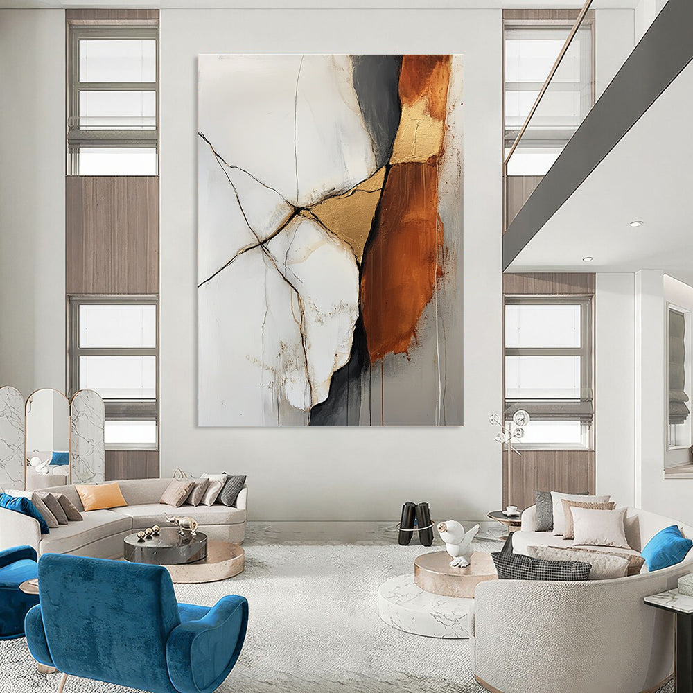 Large abstract painting featuring an off white and rust colored rock with gold veins in a minimalistic style and soft delicate strokes.STSC655