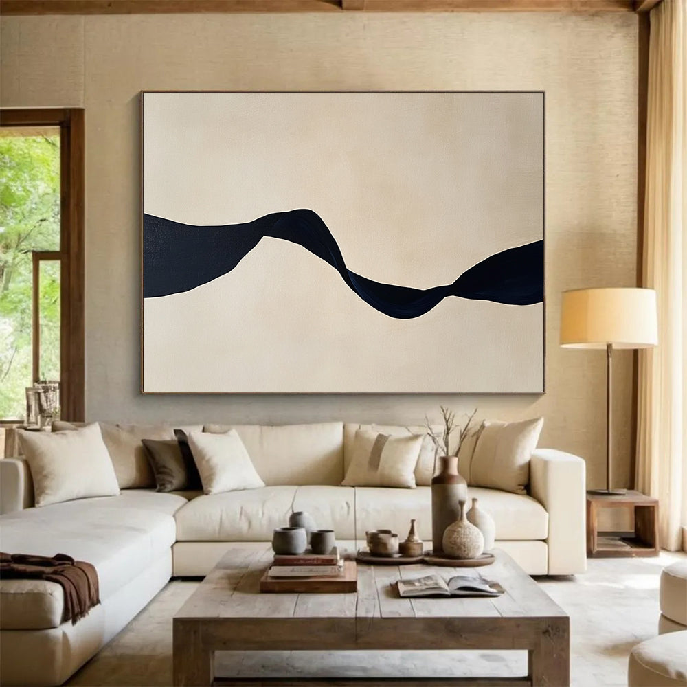 Large abstract painting featuring minimalist black ribbon shapes against a light beige background, embodying tranquility and elegance in any space.SC588