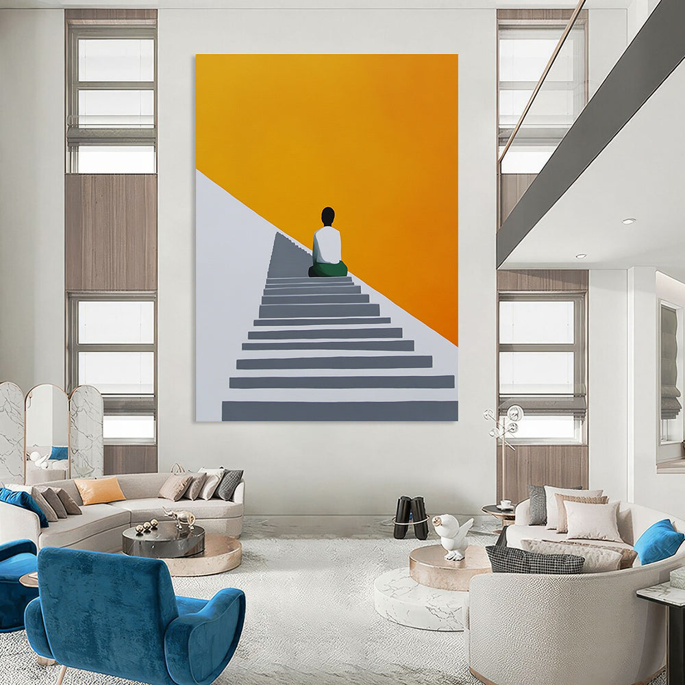 An abstract painting featuring a figure on stairs with a grey white and orange palette against a yellow background in a minimalist geometric style.STSC1155