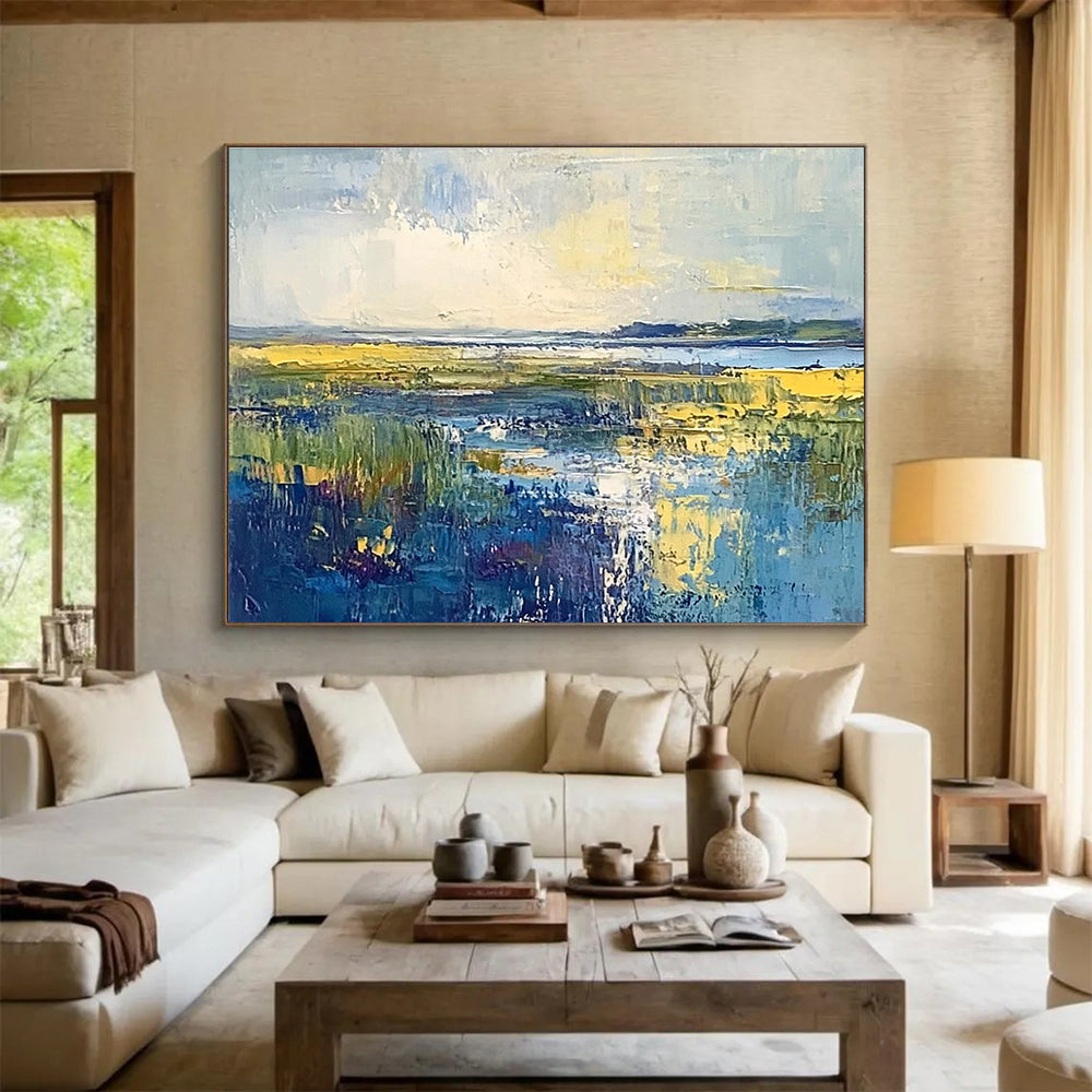 Large abstract landscape painting of the North Sea featuring blue green and yellow hues with an overcast sky on oil-painted canvas.SC072
