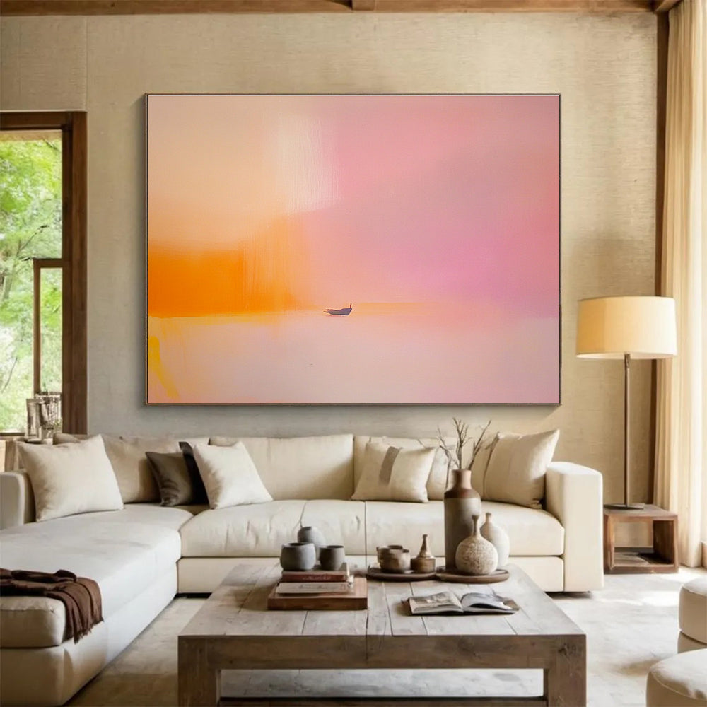 Pink Orange Minimalist Abstract Painting with a Small Boat DYP488