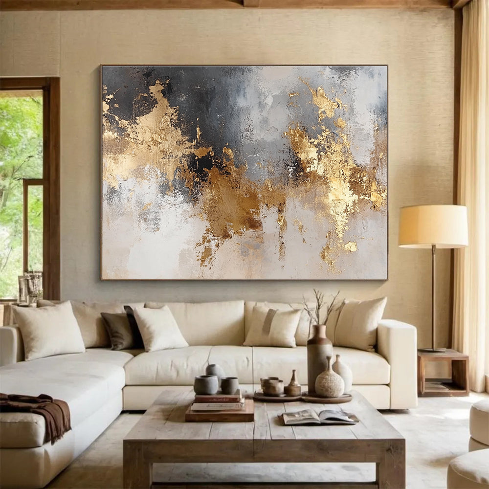 Large abstract art painting featuring gold and silver tones on a neutral background with soft textures and dreamy lighting.SC006