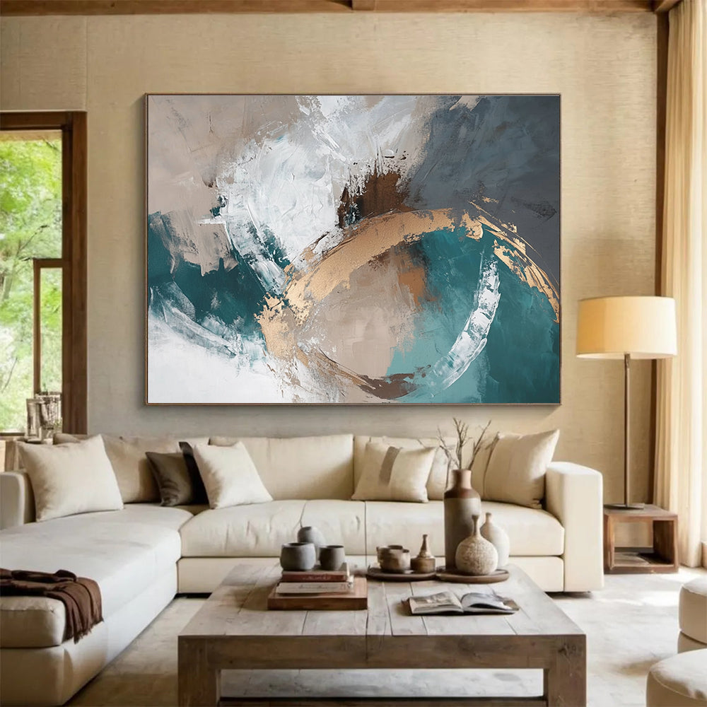 Teal and Gold Abstract Painting with Swirling Textures DYP402