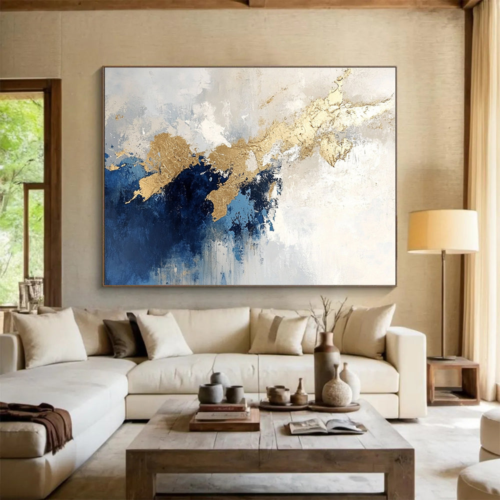 Blue and Gold Dripping Abstract Painting with Textured Layers DYP184