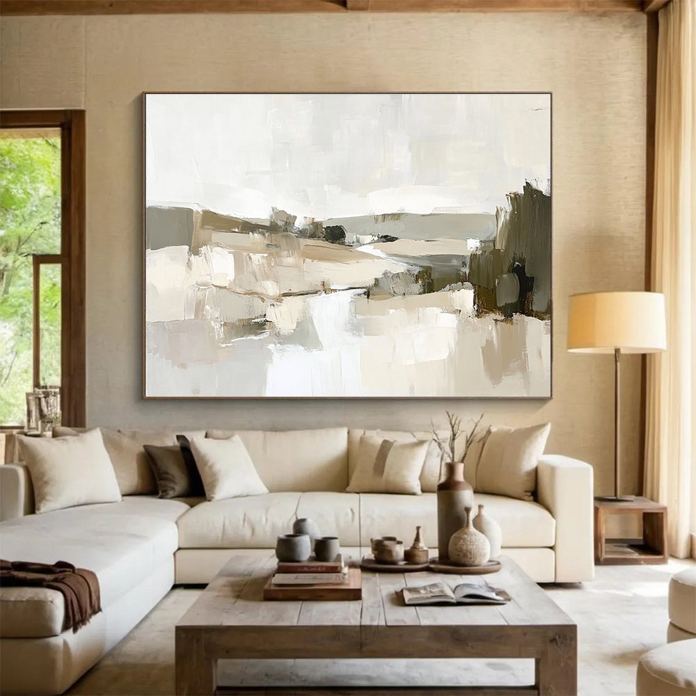 Large abstract oil painting of the French countryside with thick brush strokes depicting a river and hills in muted earth tones.SC128