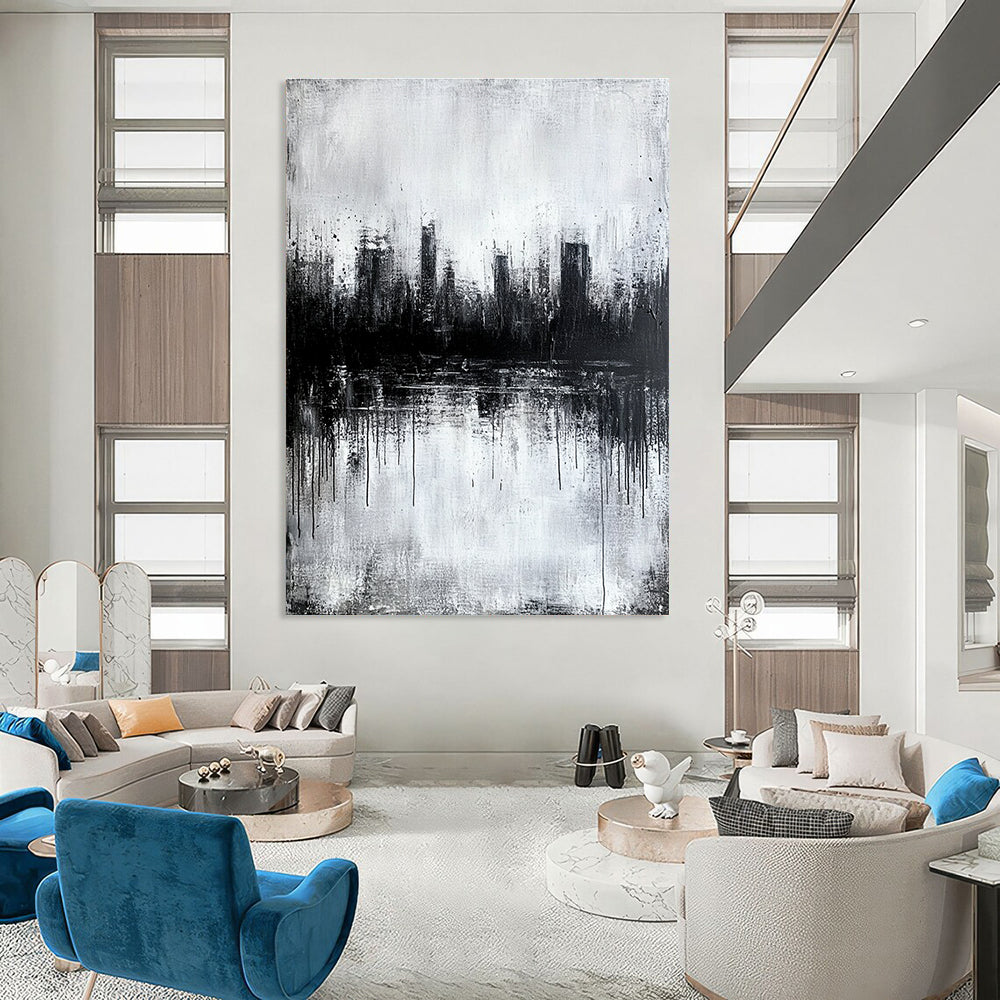 Large abstract painting featuring a city skyline reflection in water with textured gray tones evoking a serene and mysterious atmosphere.STSC025